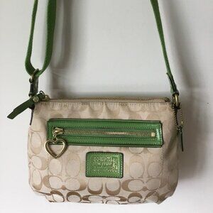 Coach Poppy Signature Canvas Strap Heart Zipper Beige Green Crossbody Bag COA